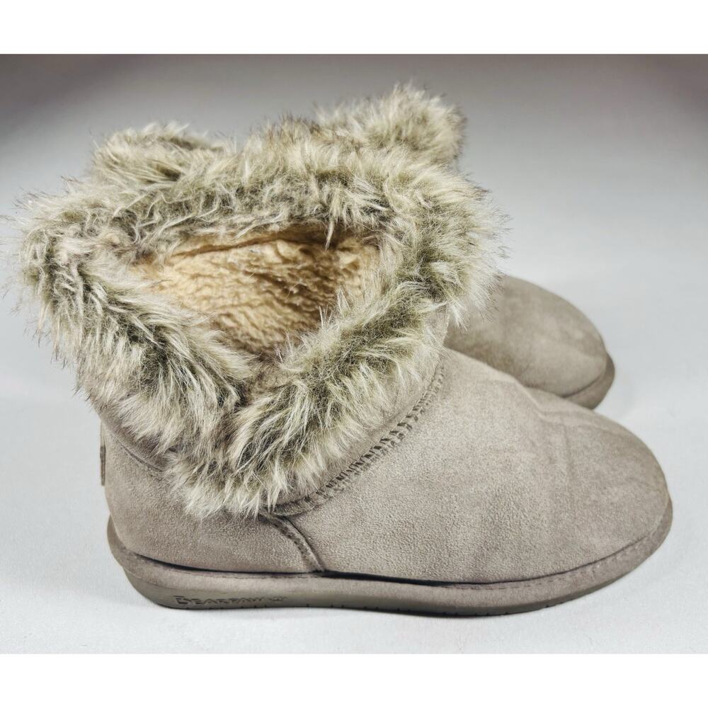 BEARPAW Women Sz 7 Fur Collared Tan Ankle Short Boots CozyCore Boho Slip On